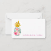 ピンクの熱帯の花と金ゴールドパイナップル ノートカード (正面)