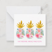 ピンクの熱帯の花と金ゴールドパイナップル ノートカード (正面)