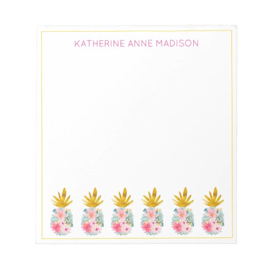 ピンクの熱帯の花と金ゴールドパイナップル ノートパッド (正面)