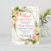 ピンクの熱帯の花と金ゴールドフレーム甘い16 招待状 (スタンド正面)