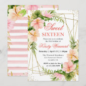 ピンクの熱帯の花と金ゴールドフレーム甘い16 招待状 (正面/裏面)