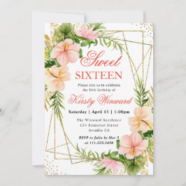 ピンクの熱帯の花と金ゴールドフレーム甘い16 招待状