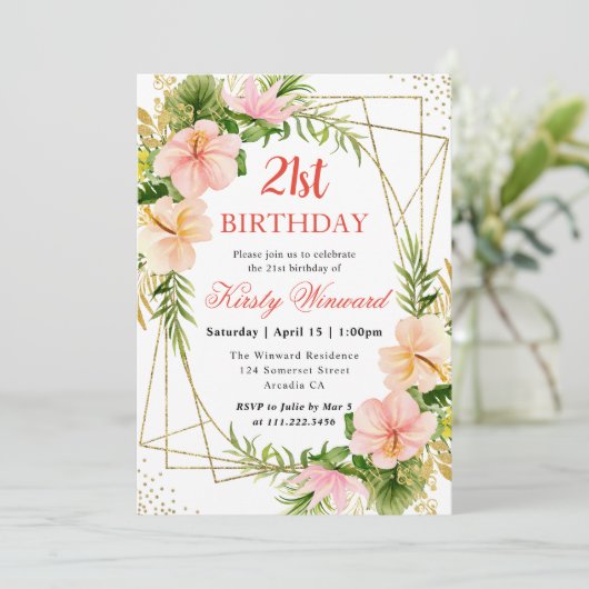 ピンクの熱帯の花と金ゴールドフレーム21st誕生日 招待状 (スタンド正面)