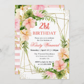ピンクの熱帯の花と金ゴールドフレーム21st誕生日 招待状 (正面/裏面)