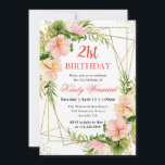 ピンクの熱帯の花と金ゴールドフレーム21st誕生日 招待状<br><div class="desc">豪華な水色ピンクと赤面熱帯ジャングルの花のデザインと金ゴールドグリッターフレームと紙吹雪</div>