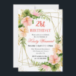 ピンクの熱帯の花と金ゴールドフレーム21st誕生日 招待状<br><div class="desc">豪華な水色ピンクと赤面熱帯ジャングルの花のデザインと金ゴールドグリッターフレームと紙吹雪</div>