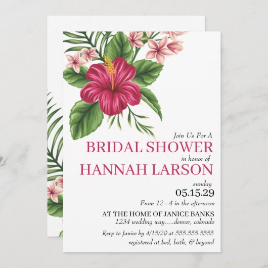 ピンクの熱帯の花のブライダルシャワーへの招待 招待状 (正面/裏面)