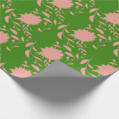 ピンクの熱帯の花葉と緑の花 ラッピングペーパー (角)