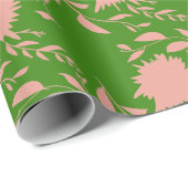 ピンクの熱帯の花葉と緑の花 ラッピングペーパー (ロールコーナー)