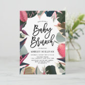 ピンクの熱帯の観葉植物フレームベビーシャワーブランチ 招待状 (スタンド正面)