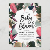 ピンクの熱帯の観葉植物フレームベビーシャワーブランチ 招待状 (正面/裏面)