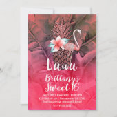 ピンクの熱帯グリッターパイナップルルアウ(ハワイ式宴会)スウィート16 招待状 (正面)