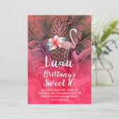 ピンクの熱帯グリッターパイナップルルアウ(ハワイ式宴会)スウィート16 招待状 (スタンド正面)
