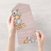 ピンクの熱帯ジャングルサファリベイビーシャワー動物 オールインワン招待状 (貼ってはがせる)