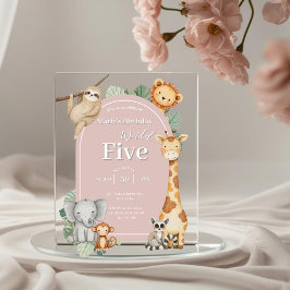 ピンクの熱帯ジャングルサファリ動物の誕生日 アクリル招待状