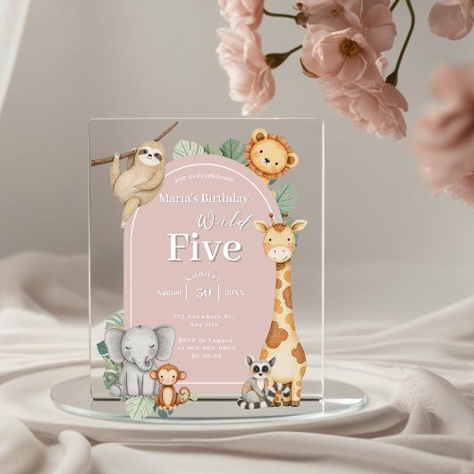 ピンクの熱帯ジャングルサファリ動物の誕生日 アクリル招待状
