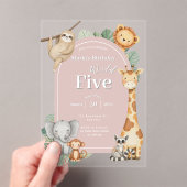 ピンクの熱帯ジャングルサファリ動物の誕生日 アクリル招待状 (インサイチュ (ポータブル))