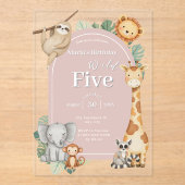 ピンクの熱帯ジャングルサファリ動物の誕生日 アクリル招待状 (正面)