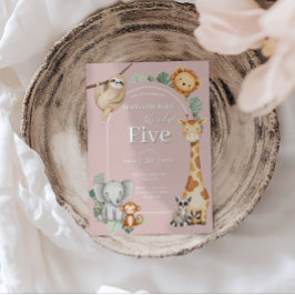 ピンクの熱帯ジャングルサファリ動物の誕生日 招待状