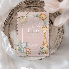 ピンクの熱帯ジャングルサファリ動物の誕生日 招待状