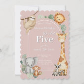 ピンクの熱帯ジャングルサファリ動物の誕生日 招待状 (正面)
