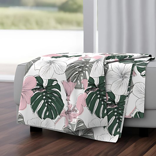 ピンクの熱帯ハイビスカスとグリーンモンステラ離れ フリースブランケット