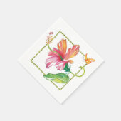 ピンクの熱帯ハイビスカスフラワーオレンジバタフライ スタンダードカクテルナプキン (角)