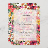 ピンクの熱帯ハイビスカスフラワーズ誕生日 招待状 (正面/裏面)