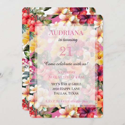 ピンクの熱帯ハイビスカスフラワーズ誕生日 招待状 (正面/裏面)