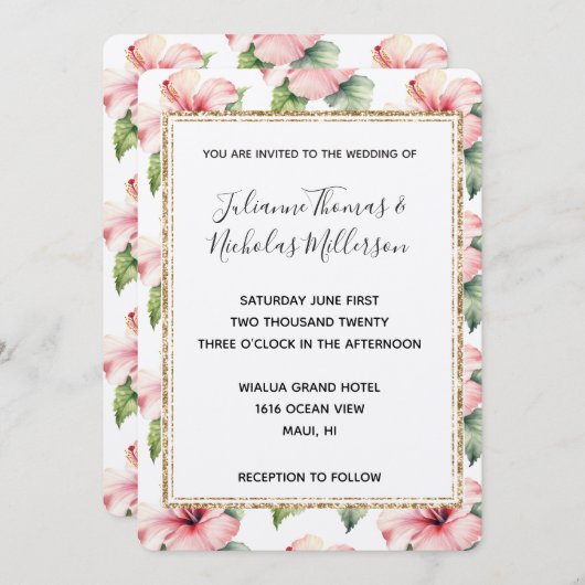 ピンクの熱帯ハイビスカスフローラ結婚式の招待 招待状 (正面/裏面)