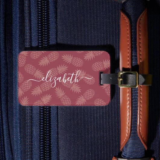 ピンクの熱帯パイナップルパターカスタムンのスクリプト名 ラゲッジタグ (正面インサイチュ4)