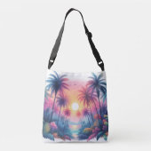 ピンクの熱帯ビーチサンセットとヤシの木 クロスボディバッグ (裏面)