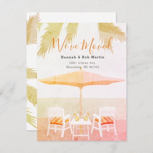 ピンクの熱帯ビーチチェア移動 案内ポストカード (正面/裏面)
