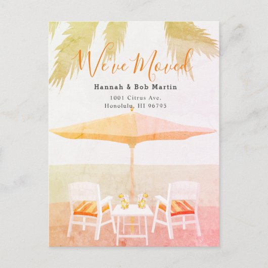 ピンクの熱帯ビーチチェア移動 案内ポストカード (正面)