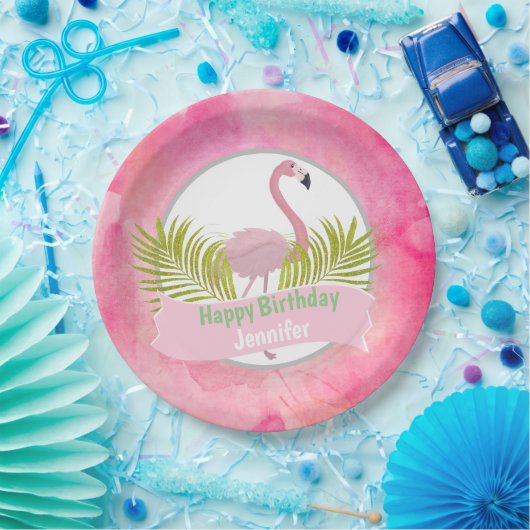 ピンクの熱帯フラミンゴのやし葉状体の誕生日 ペーパープレート (パーティー)