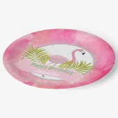 ピンクの熱帯フラミンゴのやし葉状体の誕生日 ペーパープレート (アングル)