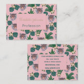 ピンクの熱帯フローラの葉とヒョウの顔 名刺 (正面/裏面)