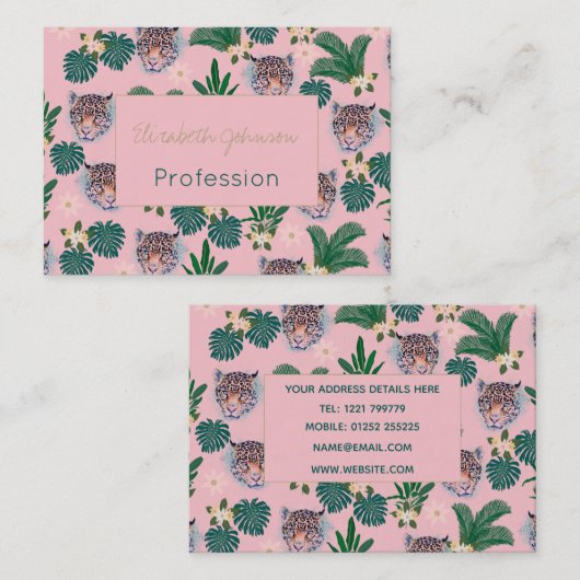 ピンクの熱帯フローラの葉とヒョウの顔 名刺 (正面/裏面)