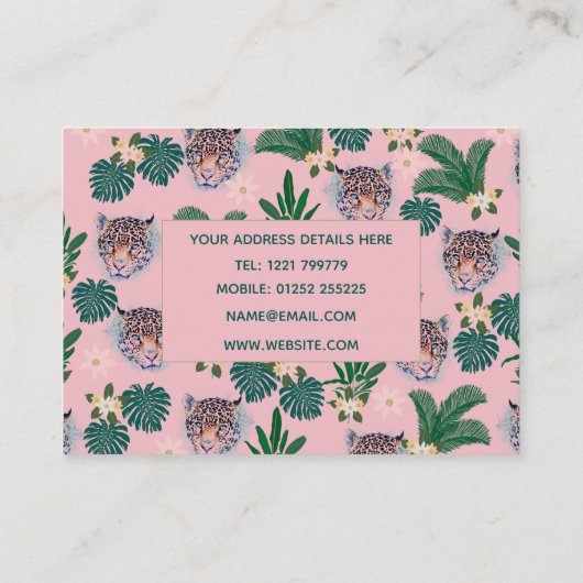 ピンクの熱帯フローラの葉とヒョウの顔 名刺 (裏面)