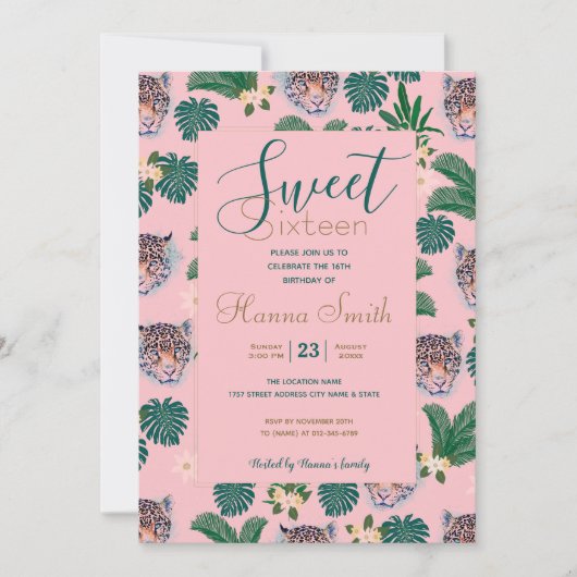 ピンクの熱帯フローラの葉とヒョウの顔 招待状 (正面)