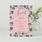 ピンクの熱帯フローラの葉とヒョウの顔 招待状 (スタンド正面)