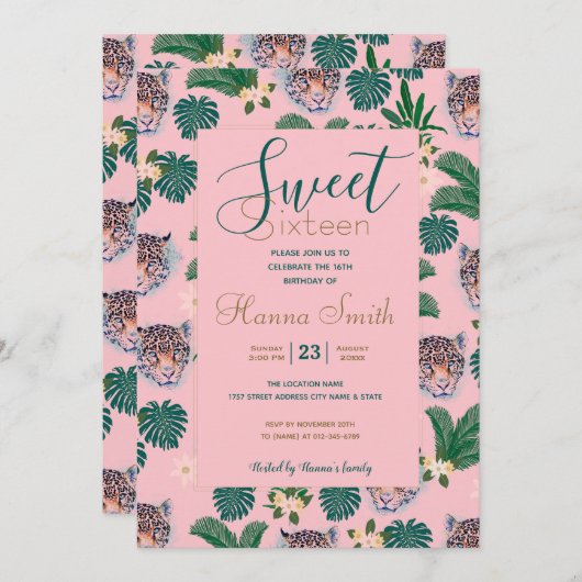 ピンクの熱帯フローラの葉とヒョウの顔 招待状 (正面/裏面)