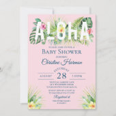 ピンクの熱帯フローラアロハガールベビーシャワー 招待状 (正面)
