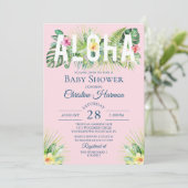 ピンクの熱帯フローラアロハガールベビーシャワー 招待状 (スタンド正面)