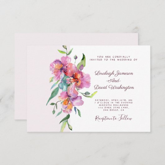 ピンクの熱帯フローラカスタムウェディング 招待状 (正面/裏面)