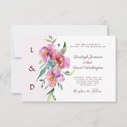 ピンクの熱帯フローラカスタムウェディング 招待状 (正面)