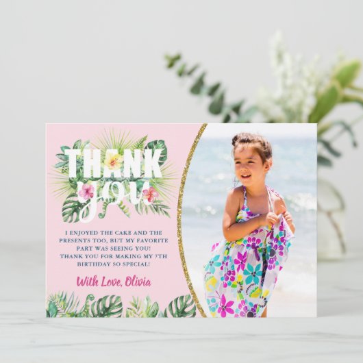 ピンクの熱帯フローラガールズビーチパーティー写真 サンキューカード (スタンド正面)