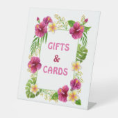 ピンクの熱帯フローラルアウ（ハワイ式宴会）誕生日ギフトとカード 台座サイン (正面)