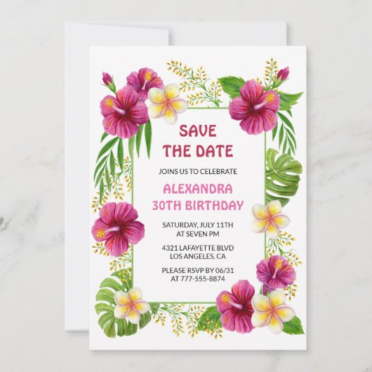 ピンクの熱帯フローラルアウ(ハワイ式宴会)誕生日日付を保存 招待状 (正面)