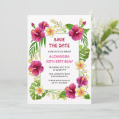 ピンクの熱帯フローラルアウ(ハワイ式宴会)誕生日日付を保存 招待状 (スタンド正面)